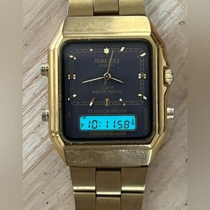 Salco Rare Vintage Watch Digital Analog Blue Dial Gold-Tone Adjustable Bracelet